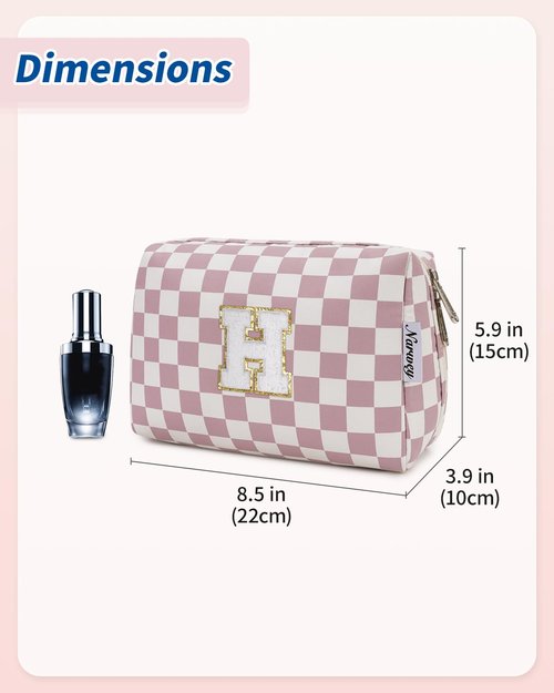 Narwey Personalized Initial Gifts for Women and Girls Makeup Bag Zipper Pouch Travel Cosmetic Organizer (Dusty Rose Checkerboard H)
