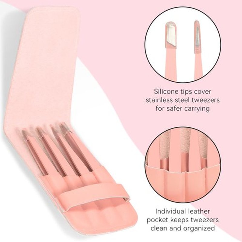 FACEMADE 4 Pack Tweezers Set - Professional Stainless Steel Tweezers for Men and Women, Precision Eyebrow Tweezers for Facial Hair, Chin, and Ingrown Hair Removal (Pink)