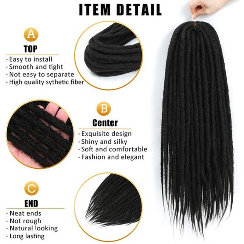 Aguacor Straight Dreadlocks Synthetic Double Ended Dreadlock Extensions 24inches 30 Strands Width 1.2cm Soft Black DE Dreadlock Extensions for Women (30 Strands, 1B#)