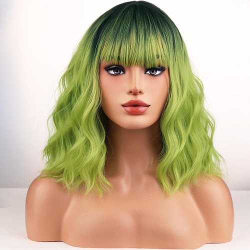 WTHCOS Green Ombre Wig Short Bob Wig Short Curly Wavy Hair Wig With Bangs Ombre Green Wig for Women Heat Resistant Synthetic Hair Wigs for Daily Use Cosplay Wig With Wig Cap