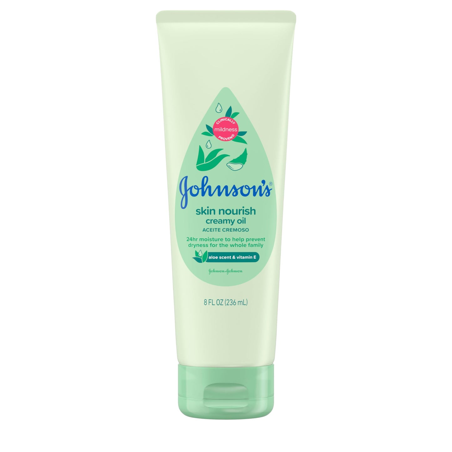 Johnson's Skin Nourish Creamy Oil, Aloe Scent & Vitamin E, Creamy Oil Helps Prevent Dryness & Moisturizes Baby's Delicate Skin for 24 Hours, Hypoallergenic & Non-Greasy, 8 fl. oz