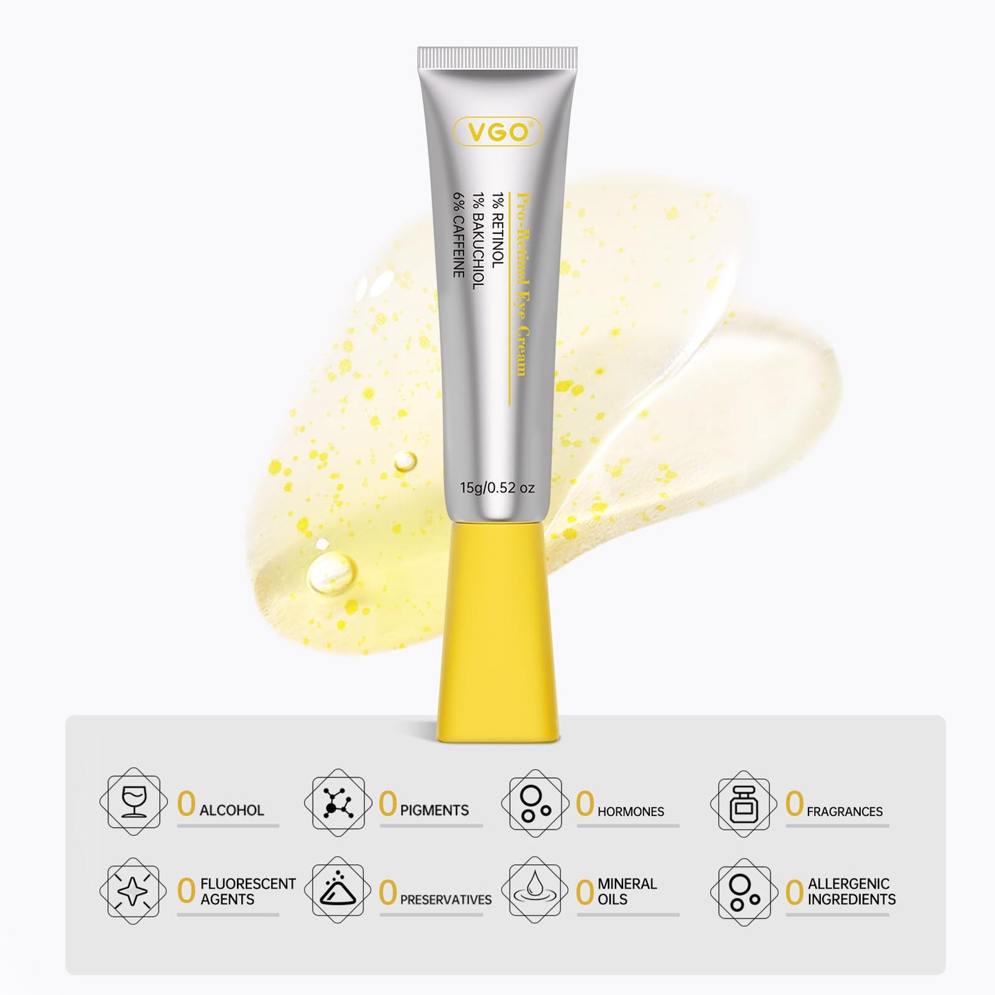 VGO Retinol Eye Cream, Anti-Aging Eye Cream for Dark Circles & Puffiness with 1% Retinol, 1% Bakuchiol & 6% Caffeine to Reduce Wrinkles, Fine Lines, De-puff and Eye Bags, 0.52 oz/15g, Made in USA