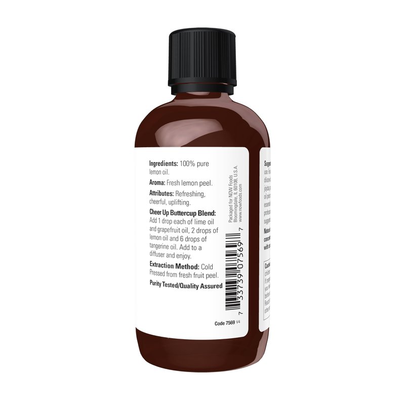 NOW Essential Oils, Lemon Oil, Cheerful Aromatherapy Scent, Cold Pressed, 100% Pure, Vegan, Child Resistant Cap, 4-Ounce