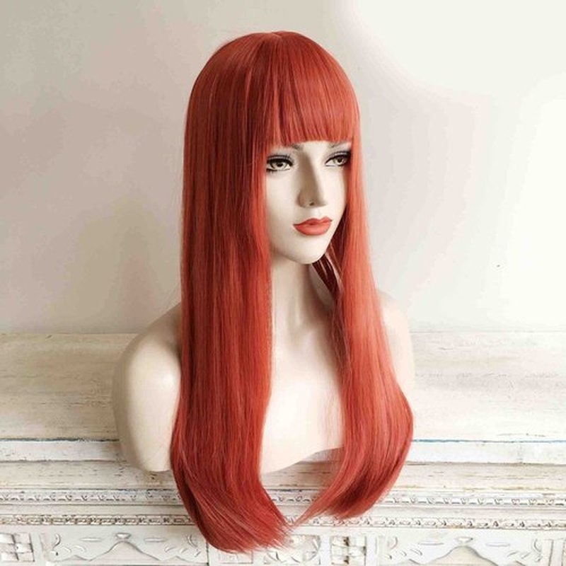 nevermindyrhead Red Orange Long Straight Wig with Fringe Bangs, Heat Resistance Synthetic Wigs for Women 24 Inch