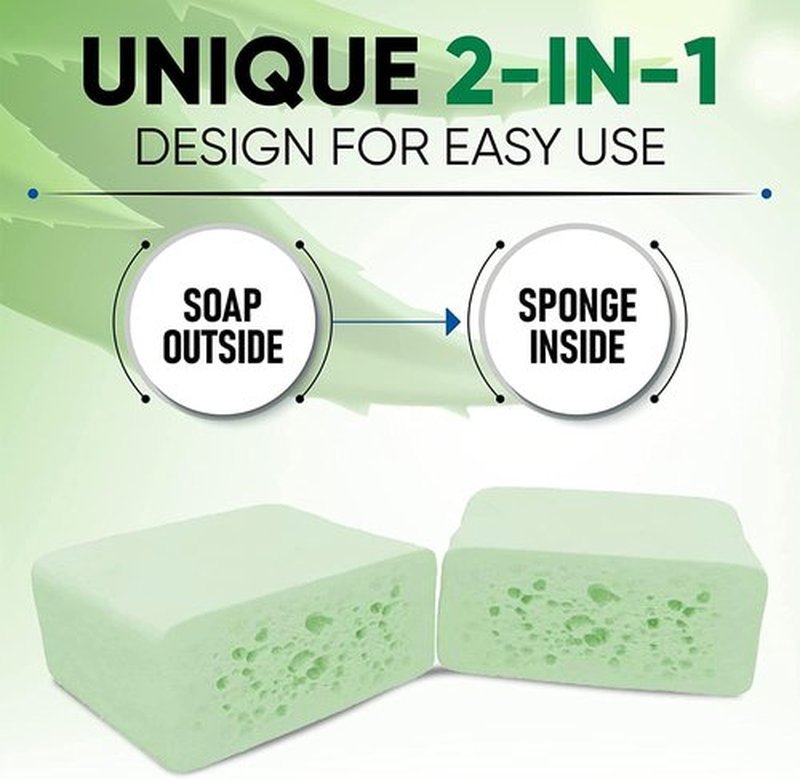 T.Taio Esponjabon Aloe Vera Soap Sponge - Gentle Shower Scrubber with Mini Mother of Pearl - Cleaning Bath Wash Scrub - Dirt & Oil Removal - Massage & Lather Foot, & Face - Fresh Aloe Vera Scent