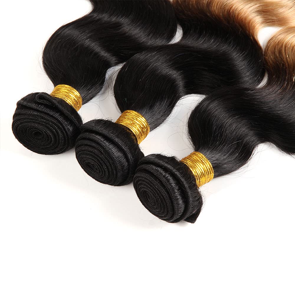 1B/27 Human Hair Bundles Ombre Body Wave Human Hair Bundles Brazilian Unprocessed Virgin Hair 3 Bundles 16 18 20 Inch Two Tone Black and Honey Blonde Bundles Ombre Bundles Hair Weave