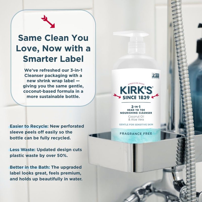 Kirk's 3-in-1 Nourishing Cleanser | Fragrance-Free Shampoo, Body Wash & Bubble Bath with Coconut Oil & Aloe Vera - 32 Fl Oz (Pack of 2)