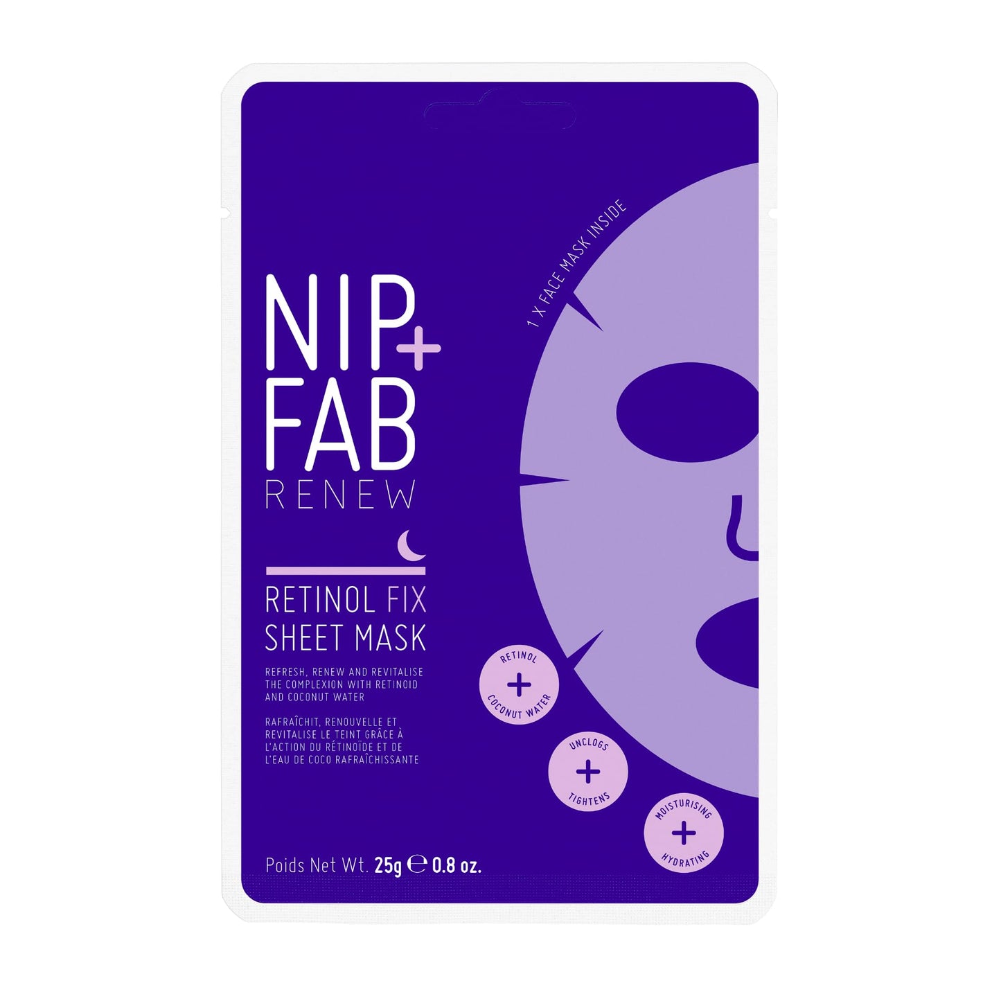 Nip + Fab Retinol Fix Sheet Mask for Face with Coconut Water, Edelweiss Flower Extract, Hydrating Gel Facial Mask for Refining Minimizing Pores, 0.8 Fl Oz,Multi,SKRETSMSK