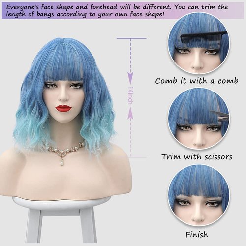 MUPUL Ombre Blue Wig Short Body Wavy Bob Wigs for Women With Bangs Shoulder Length Synthetic Cosplay Party Wig for Girls Daily Use Colorful Wigs