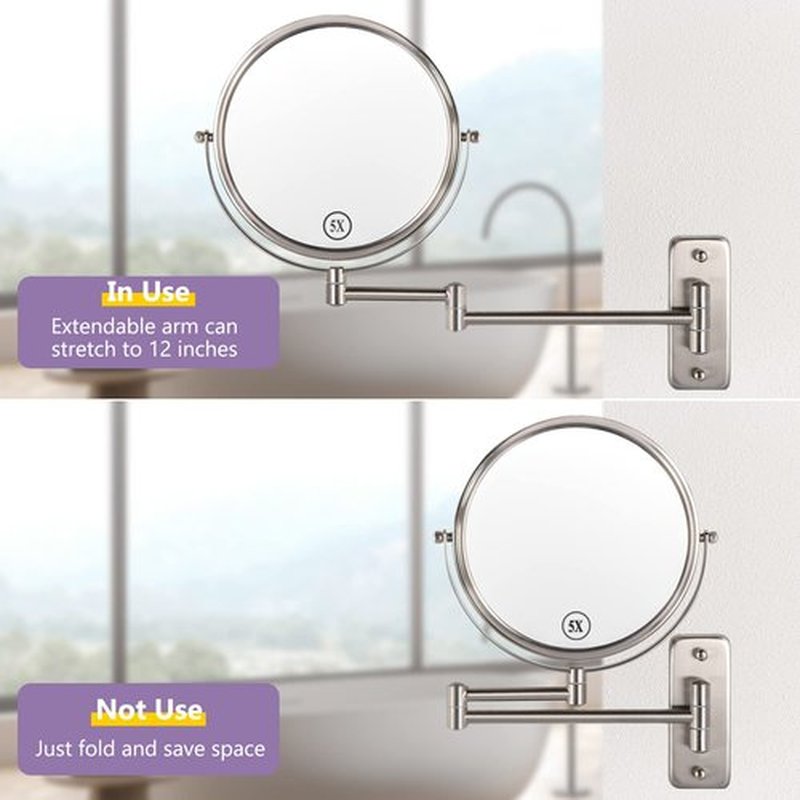 Wall Mounted Makeup Mirror, 1X/5X Magnifying Mirror Double Sided, 8 Inch Extendable Bathroom Mirror for Shaving, Nickel