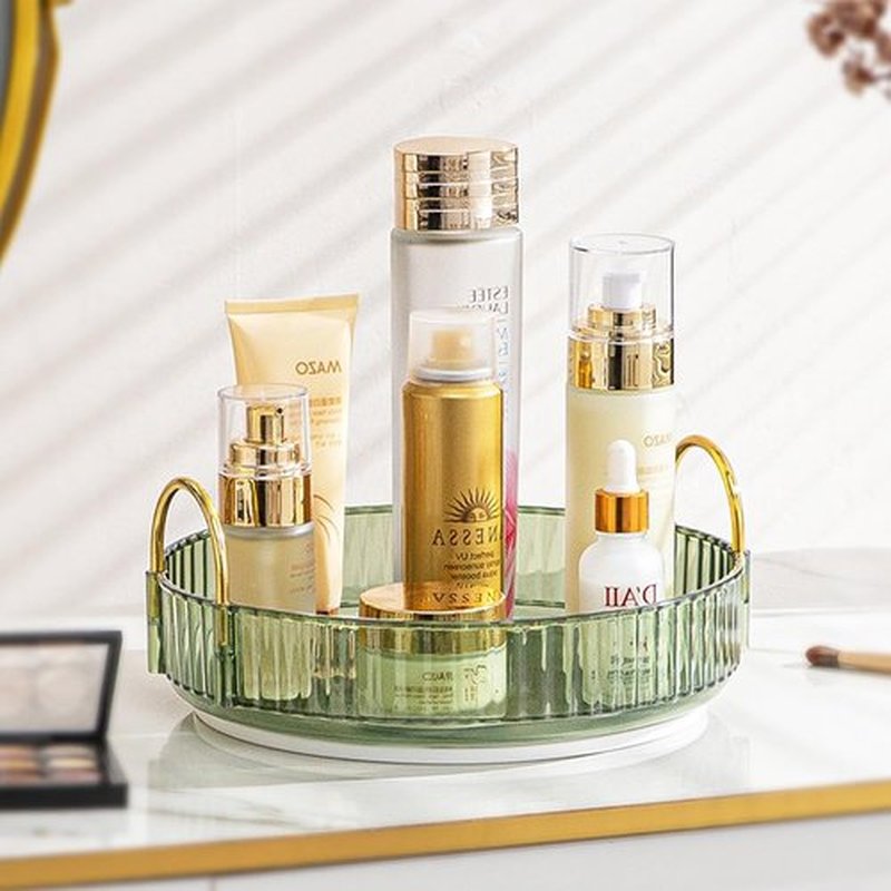 Zufudo Rotating Makeup Organizer 1 Tier Lazy Susan Trays Skincare Perfume Organizer for Bathroom Counter Vanity, Green Gold