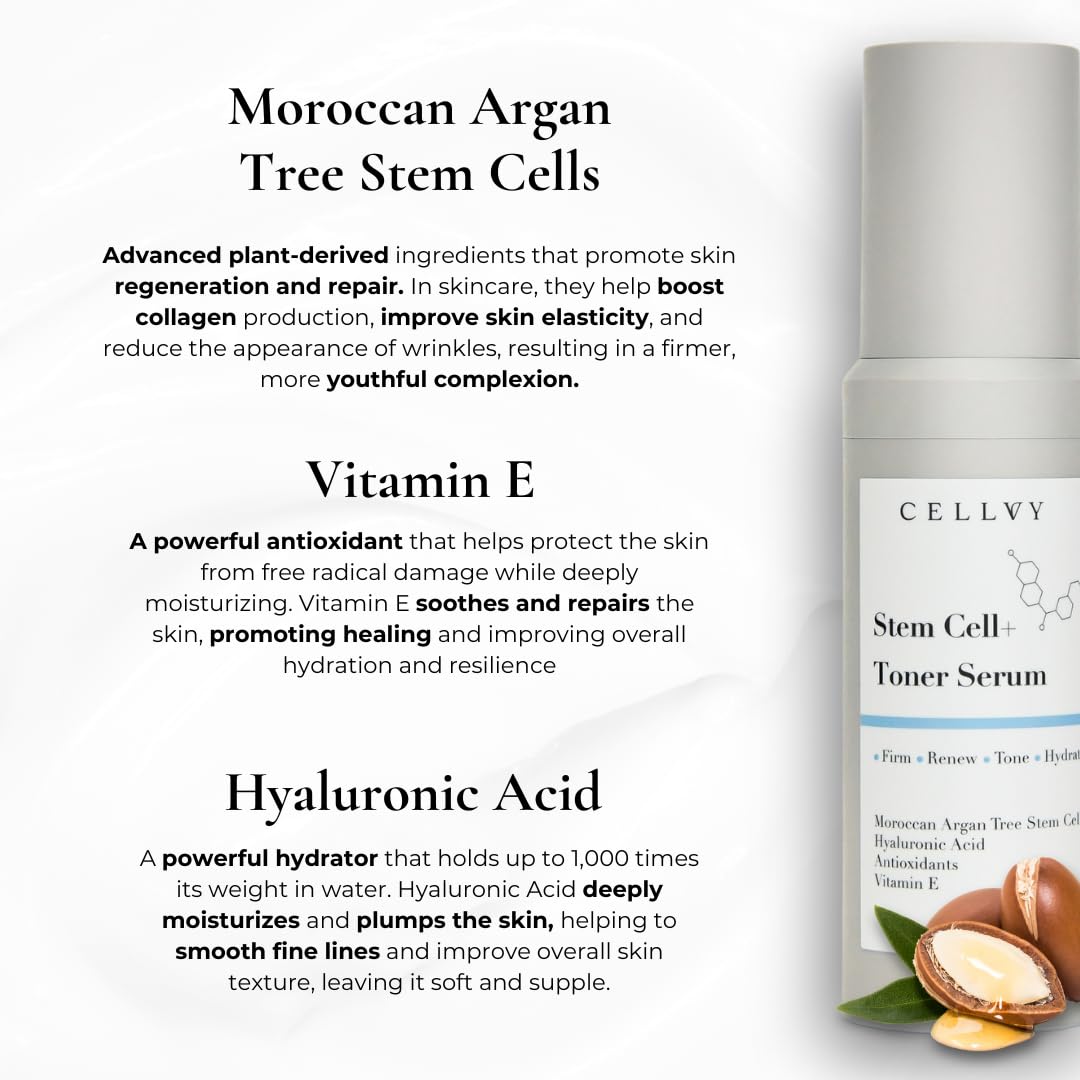 CELLVY Korean Stem Cell + Toner Serum w/Moroccan Argan Tree Stem Cells, Hyaluronic Acid & Antioxidants, Firming, Hydrating, Anti-Aging, Boosts Collagen Production, Cooling w/Aloe Vera