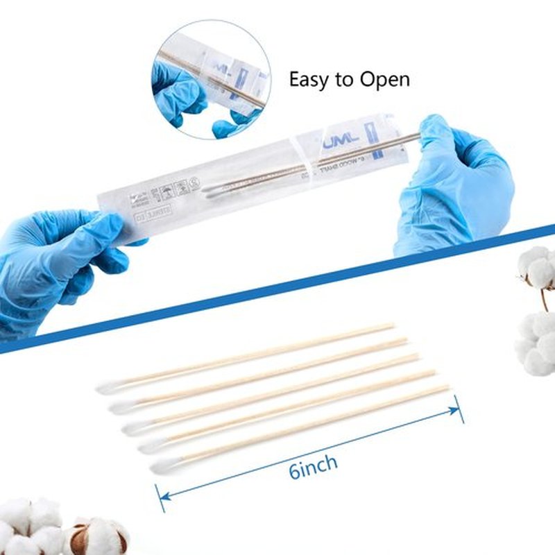 JMU 6 Inch Sterile Cotton Tipped Applicators, 200 Count Long Cotton Swabs, Wood Shaft Medical Swabs