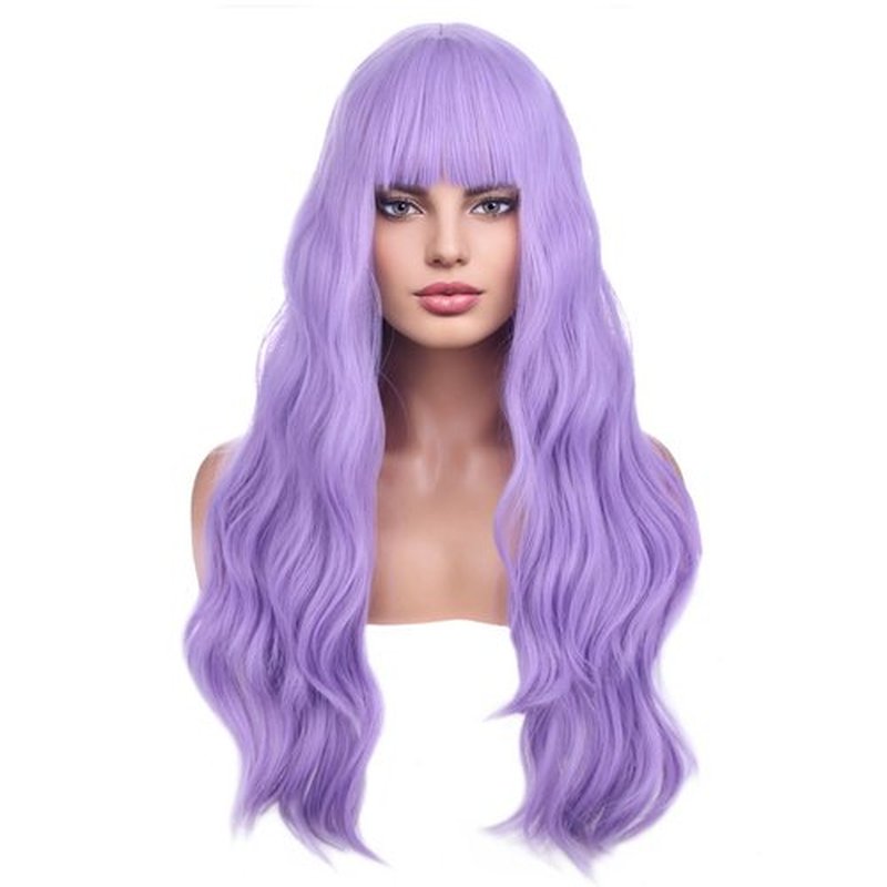 BERON 26 Inches Purple Wig Long Curly Wig with Bangs Synthetic Wig Women Girls Lavender Wigs with Wig Cap