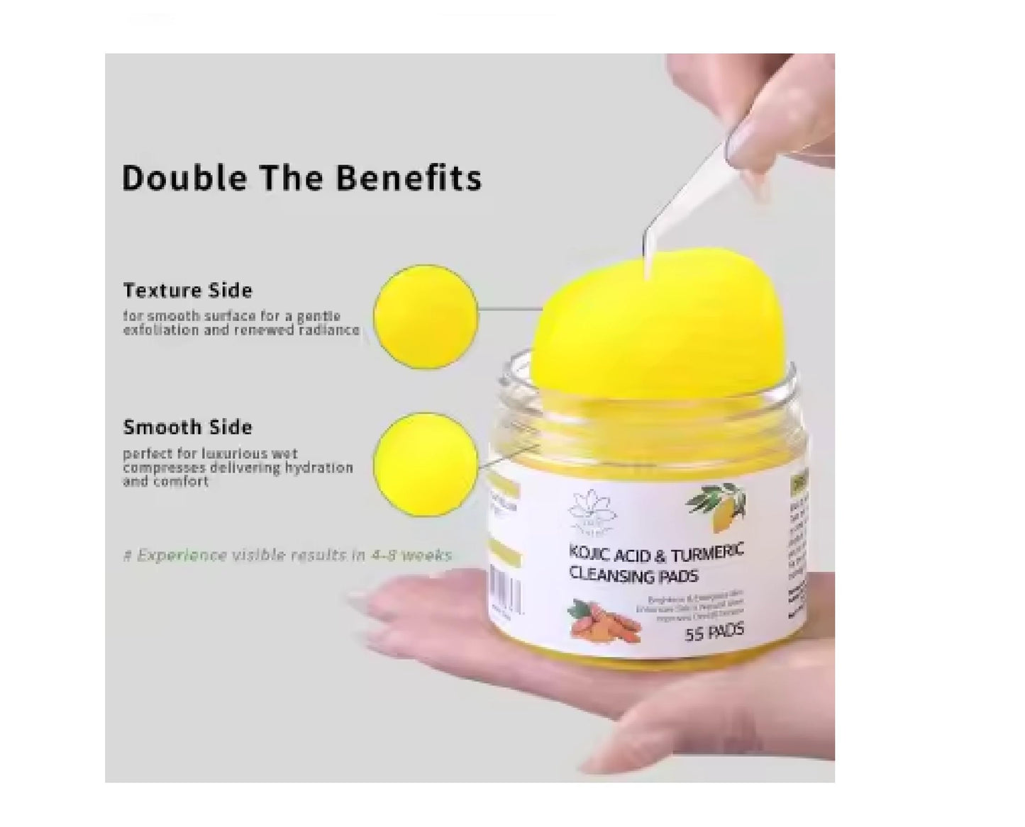 Main Products Kojic Acid and Turmeric Cleansing Pads, 55 Pcs, for Face Cleaning, Hydrating and Exfoliation.