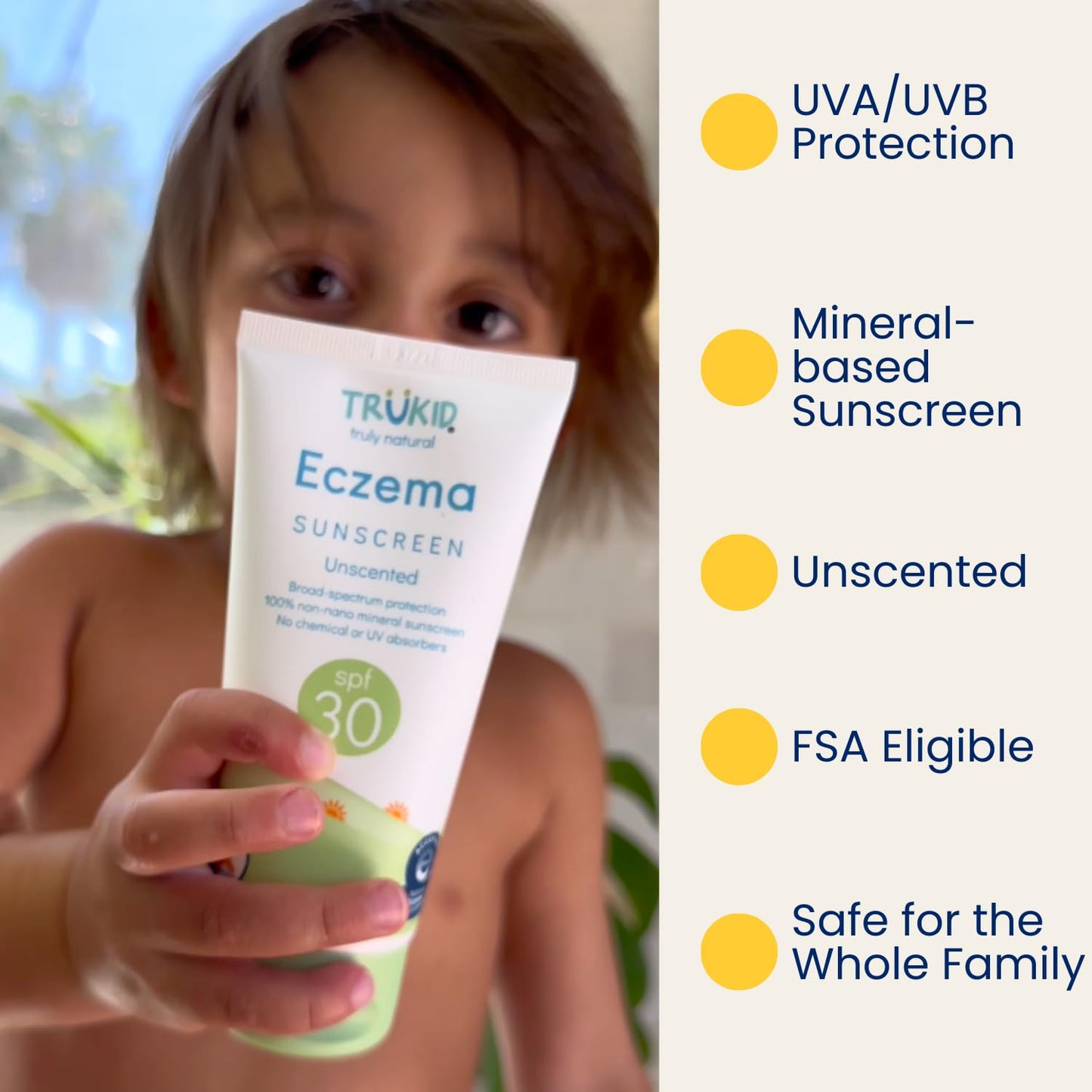 TruKid Eczema Mineral Sunscreen SPF 30 - All Natural Kids & Baby Sunscreen for Face & Body, Zinc Oxide Broad Spectrum Protection for Delicate Skin, Unscented, FSA Eligible, Travel Size 3.4oz