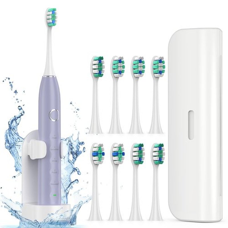 Fronix Electric Toothbrush for Adults with 8 Brush Heads, Sonic Toothbrush Rechargeable with a Holder & Travel Case, 2.5 Hours Charge for 120 Days Use - Light Purple