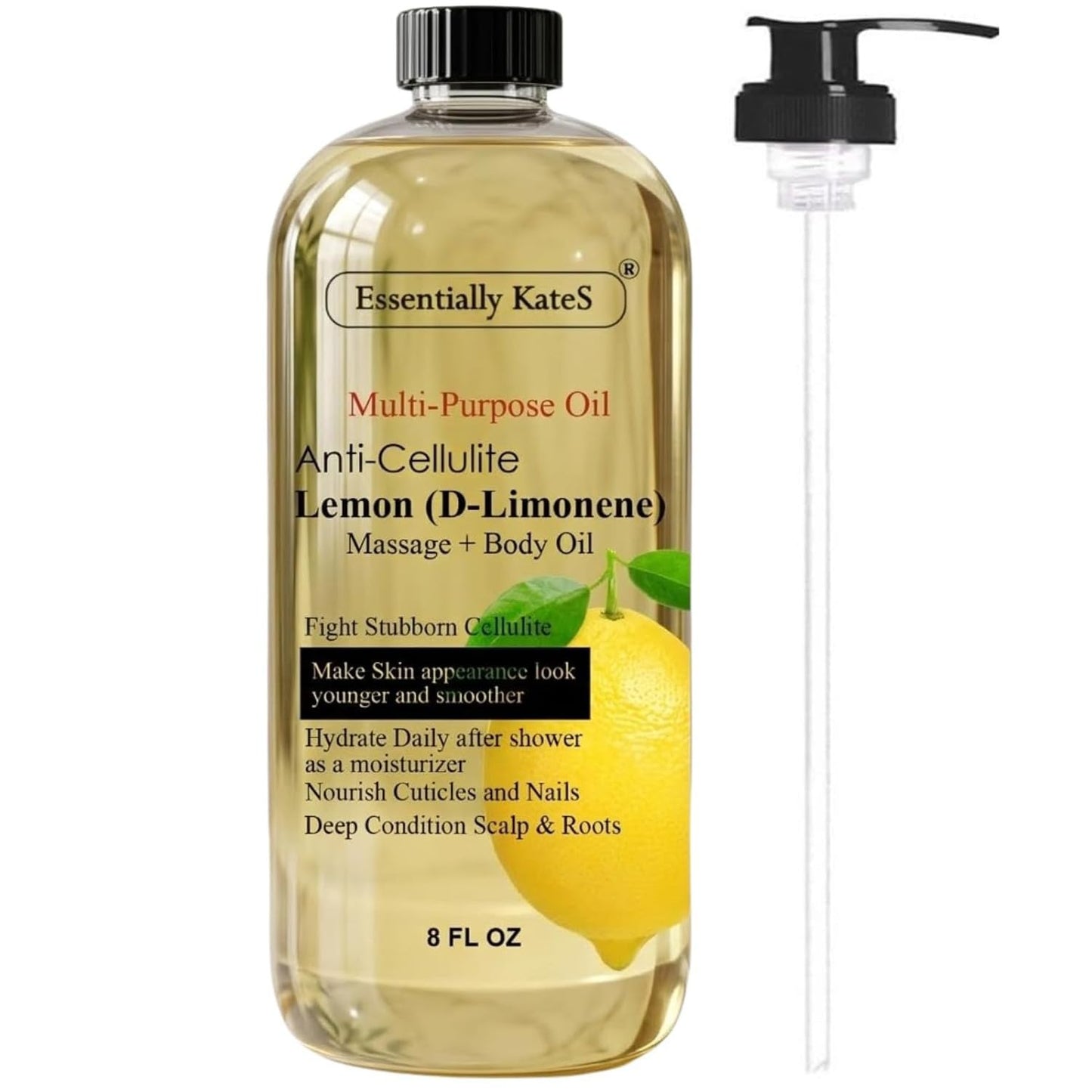 Essentially KateS Lemon (D-Limonene) Massage Lotion Body Oil Multi-Purpose Oil 8 Fl Oz - Cellulite Massage, After-Shower Moisturizer, Hair Scalp Conditioning, and Nail & Cuticles Nourishing