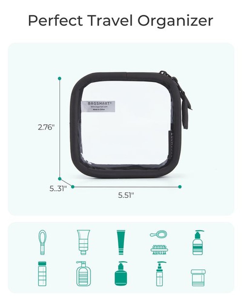 BAGSMART Mini Clear Makeup Bag for Women Portable Travel Toiletry Bag, Cute Small Water-ResistantCosmetic Bag TSA Approved Clear Makeup Case Pouch with Zipper for Car Essentials(Black)