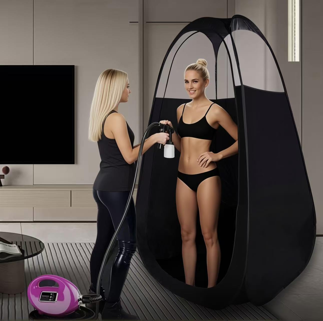 Large Spray Tan Tent Kit, Deluxe Pop Up Portable Professional Self Tanning Tent with Carry Bag Waterproof Floor, Sunless Spray Tan Booth with Vent Opening (Black)