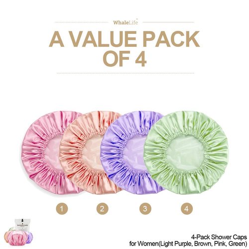 Shower Cap for Women Reusable Extra Large Shower Caps for Men Satin Double Layer EVA Waterproof Long Hair Caps(Light Purple, Brown, Pink, Green 4 Pack)