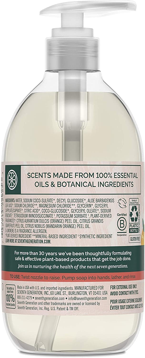Seventh Generation Hand Wash, Mandarin Orange and Grapefruit, 12 Ounce (Pack of 6)
