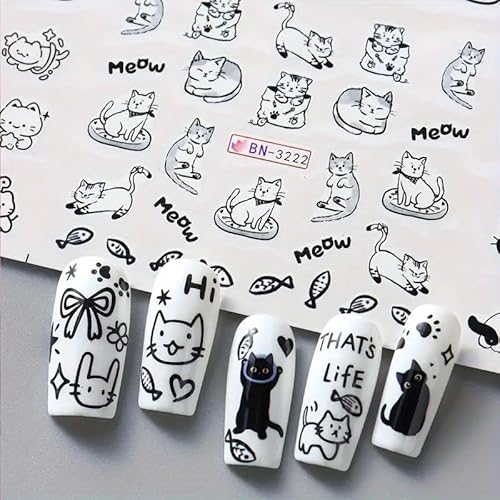 Cute Nail Art Stickers Black White Cat Water Transfer Nail Stickers Cat Paw Cute Animals Water Transfer Nail Decals 3D Self Adhesive Nail Art Supplies Heart Designs Nail Decals 12PCS