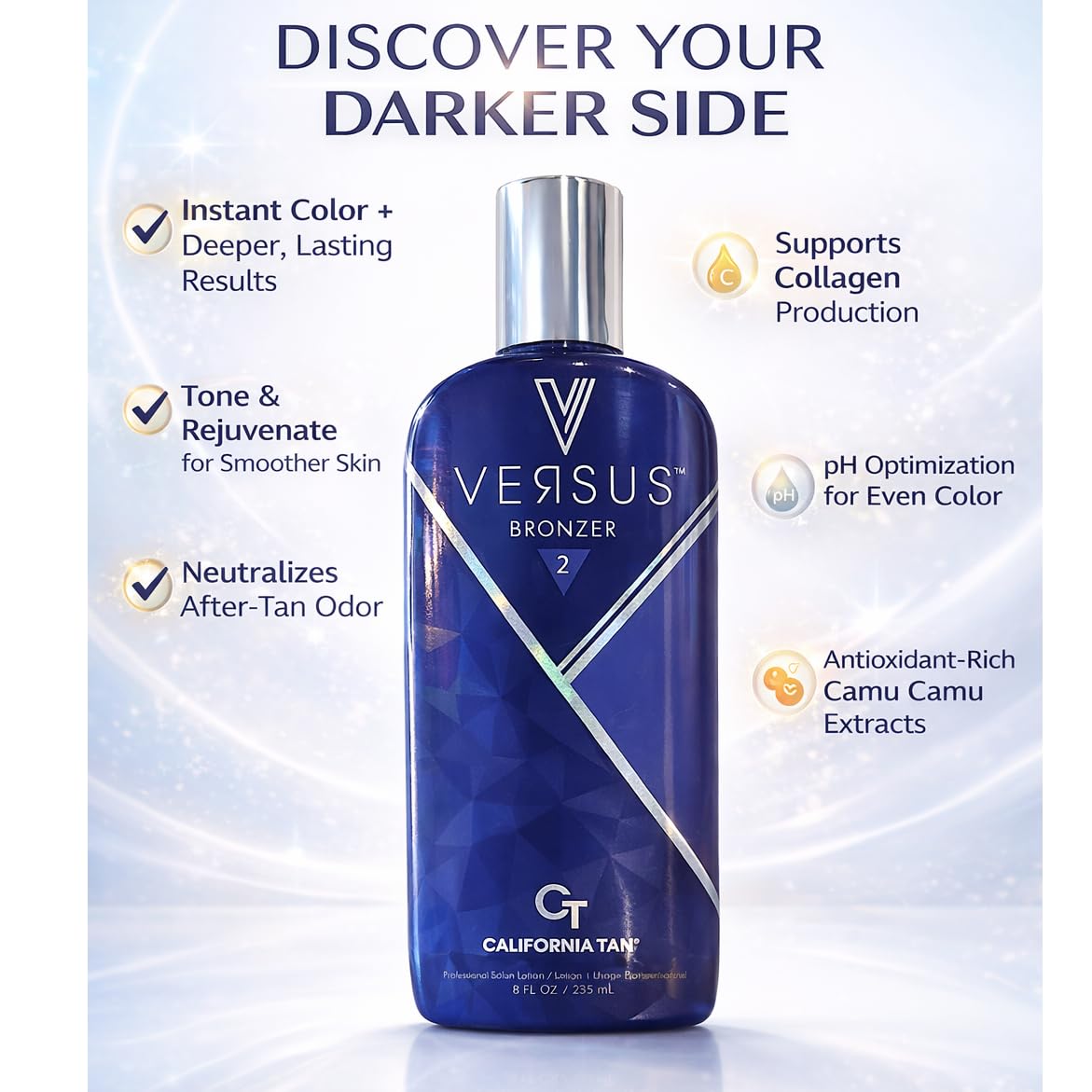 Versus Bronzer Step 2 DHA Indoor Tanning Bed Lotion, Outdoor UV Sun Tan Instant & Delayed Dark Bronzing Cream, Skin Hydrating & Antioxidant Formula, 8 fl oz