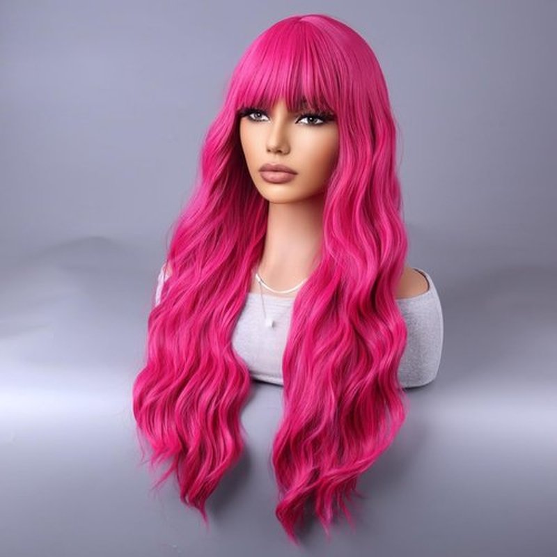 WTHCOS Hot Pink Wigs for Women Long Curly Wavy Hot Pink Wig with Bangs Rose Red Wig Neon Pink Wig Magenta Wig Heat Resistant Synthetic Wig with Wig Cap (Hot Pink)