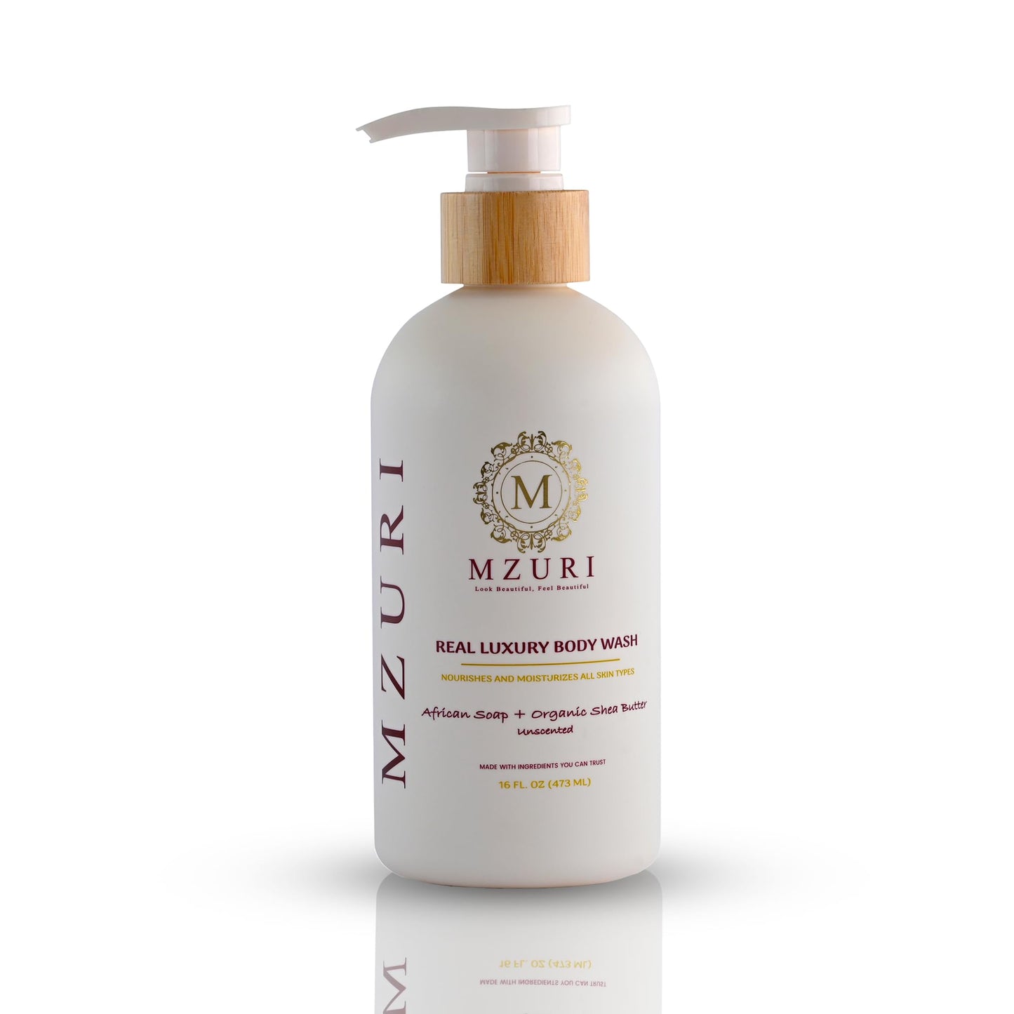 MZURI Unscented Body Wash, African Black Soap, Organic Shea Butter, and Calendula, Moisturizing, Hydrating, and Gentle Formula for Dry, Sensitive Skin, Paraben-Free Luxury Body Wash - 16 Fl. Oz
