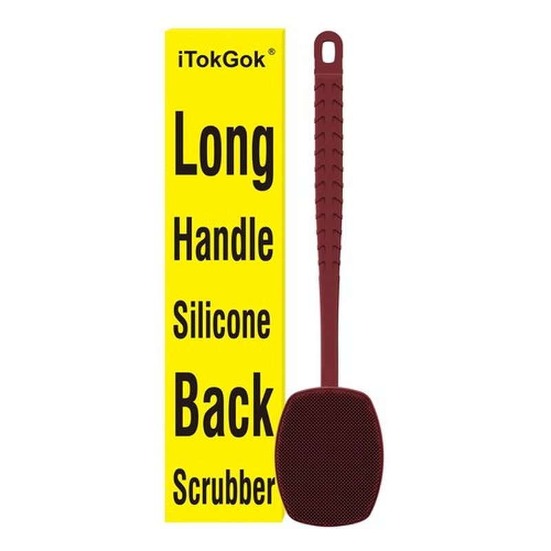 iTokGoK® All New Premium Silicone Back Scrubber with Tire Anti-Slip Long Handle for Shower, Gentle Exfoliating and Massage Brush Scrubber for Sensitive Skin for Men and Women (Burgundy)