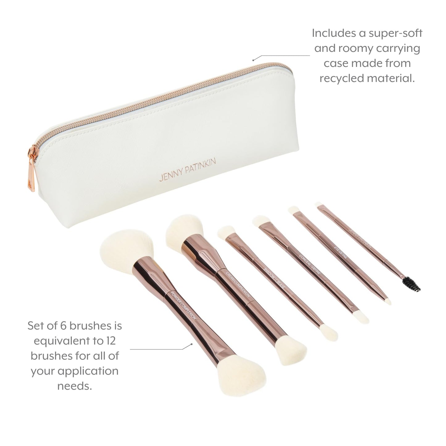 Jenny Patinkin Makeup Brushes, 6 Luxury Dual Ended, Professional & Travel Makeup Brush Set with White Leather Case, 2.5x More Vegan, Soft Bristles for Full Face Flawless Application.