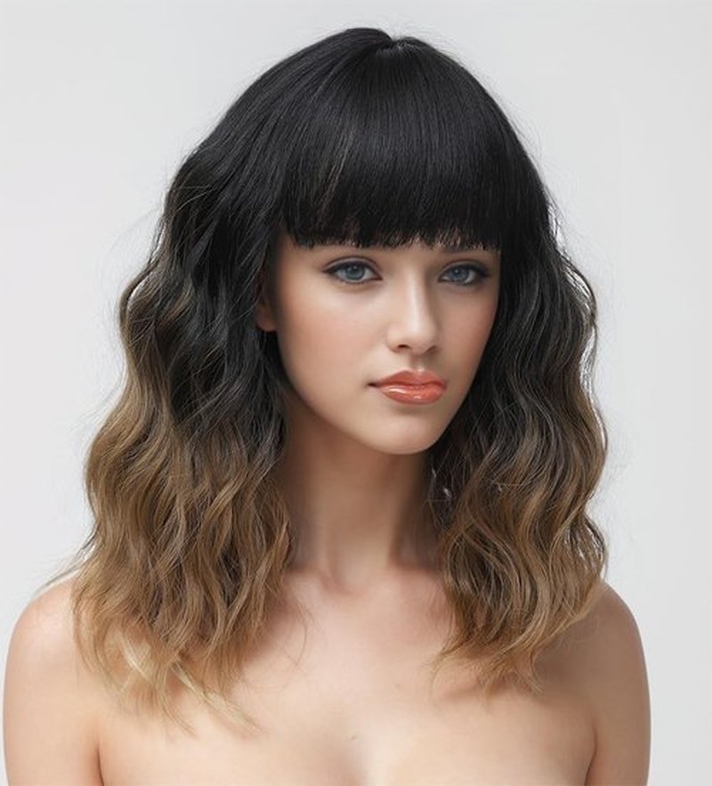 Short Brown Wigs with Bangs 14Inch Ombre Brown Curly Bob Wig for Women Shoulder Length Natural Looking Hair Replacement Wig for Daily Party Use Cosplay Costume Halloween Wig