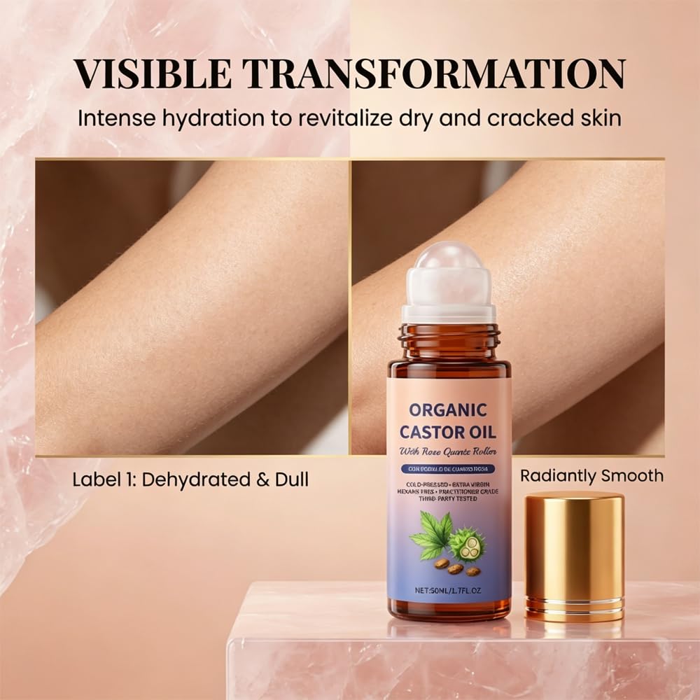 RAINPOT Organic Castor Oil Roll On with Rose Quartz Roller – 100% Cold Pressed Moisturizing Oil for Brows, Lashes, Face, Hairline & Dry Skin – Travel Friendly Leakproof Roller Bottle (1)