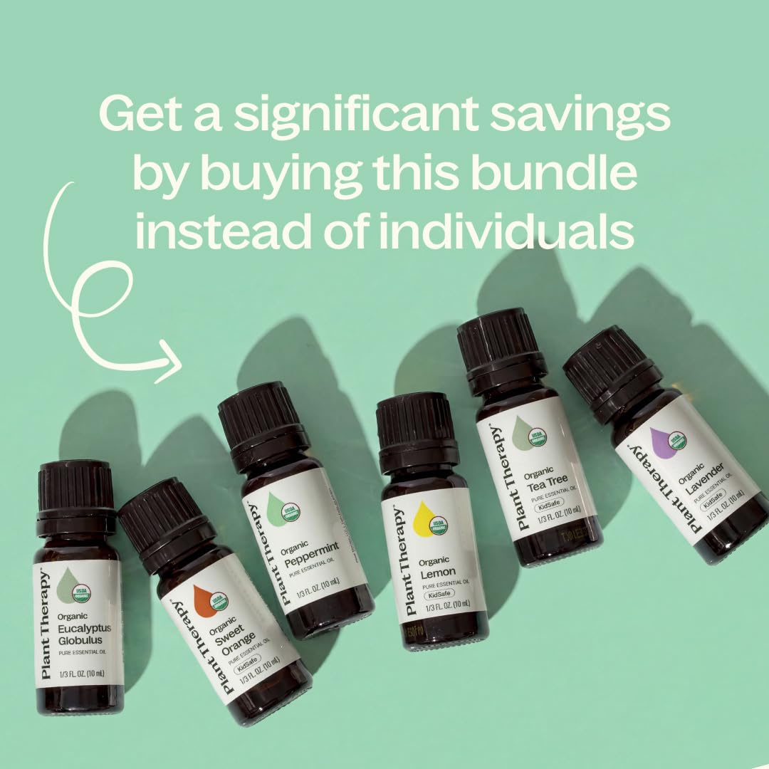 Plant Therapy Top 6 USDA Organic Essential Oil Set - Lavender, Peppermint, Eucalyptus, Lemon, Tea Tree 100% Pure, Natural Aromatherapy, for Diffusion & Topical Use, Therapeutic Grade 10 mL (1/3 oz)