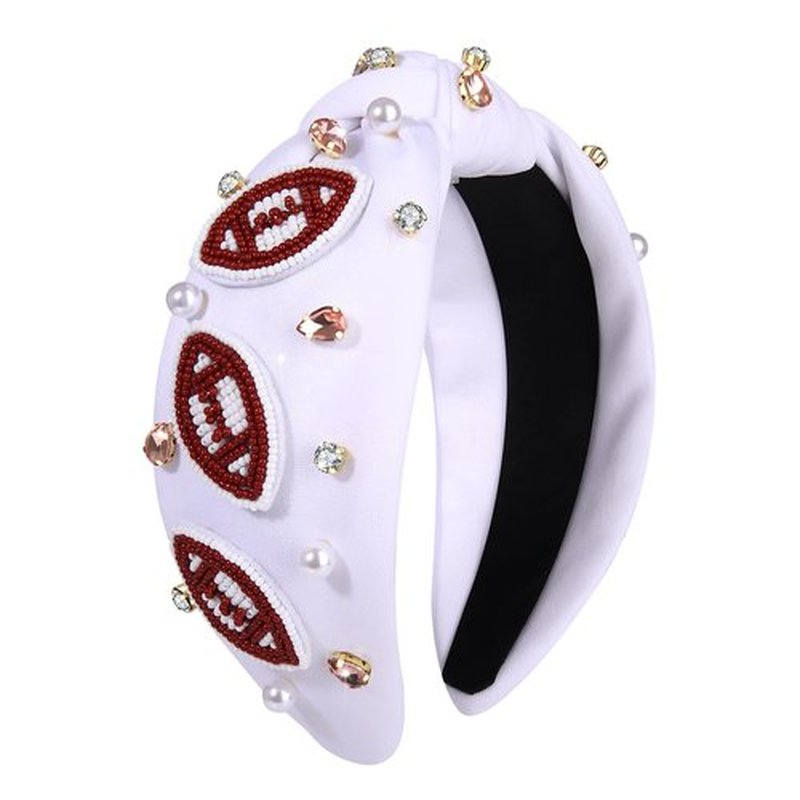 JERTOCLE Football Knotted Headbands for Women Game Day Sports Headband Pearl Crystal Bejeweled Wide Top Knot Hairband Game Day Hair Accessories (White Brown)
