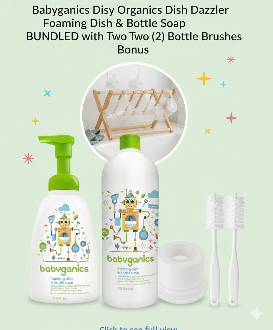 LuxProdX Baby ganics 16 Ounce Dish Dazzler Foaming Dish and Bottle Soap with Refill Kit BUNDLED with Two (2) Bottle Brushes BONUS