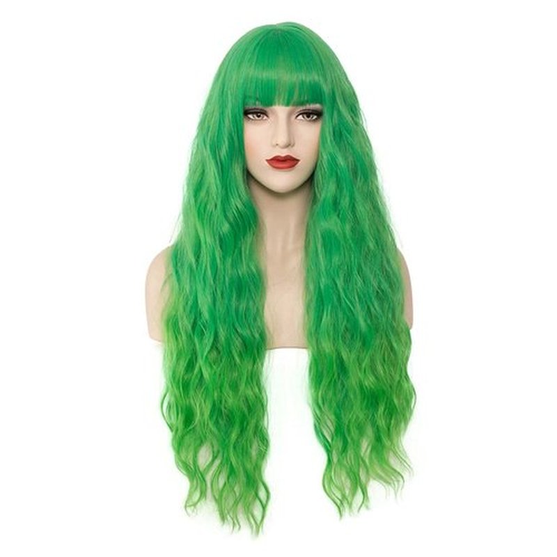 WGPFWIG Women's Bright Green Ombre Wig 27''Long Curly Wavy Wig Shoulder Length Flat Bangs Wig For Women Girl Cosplay Party Halloween Wig Cap Included (27''Bright Green Ombre)