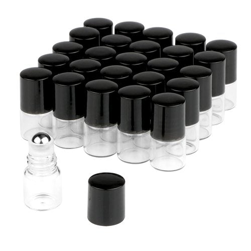 Wresty 25 Pcs Clear Glass Mini Roll On Bottles Empty Essential Oil Roller Ball Bottles Perfume Lip Blam Cosmetic Sample Vials Roller Glass Bottles Container With Black Cap (1ml)