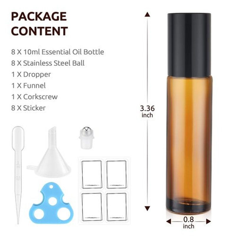 bofessor Essential Oil Roller Bottles, 10ml Glass Roll on Bottles with Stainless Steel Roller Ball, Opener, Pipettes, Funnel, Stickers, Refillable Container for Perfume (4 Amber & 4 Blue)