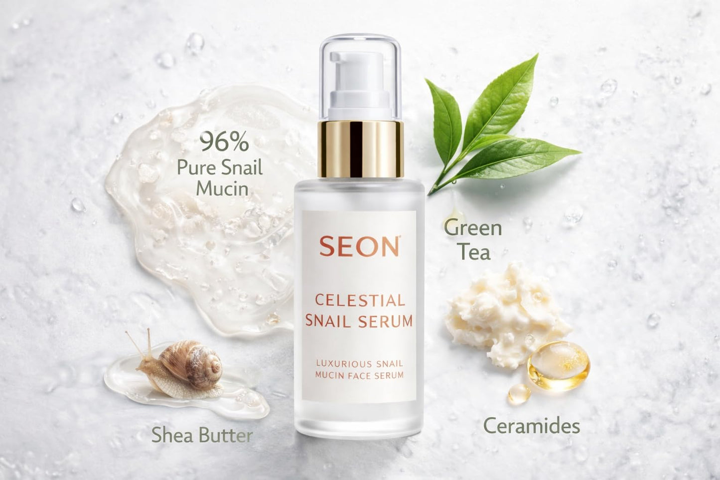 SEON Celestial Snail Serum, 96% Snail Mucin Face Serum, Korean Skincare Hydrating Essence for Skin Barrier Support