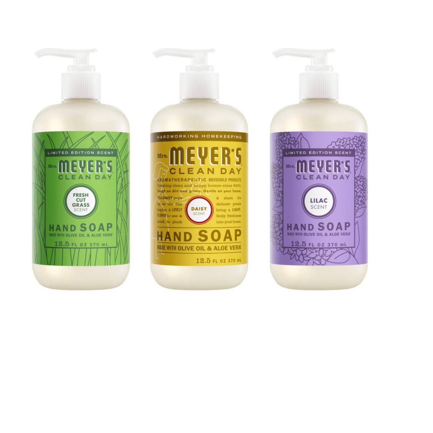 Mrs. MEYER'S CLEAN DAY Liquid Hand Soap 12.5 Fl Oz Each, Lilac, Daisy, Fresh Cut Grass, 1 CT (Variety Pack)