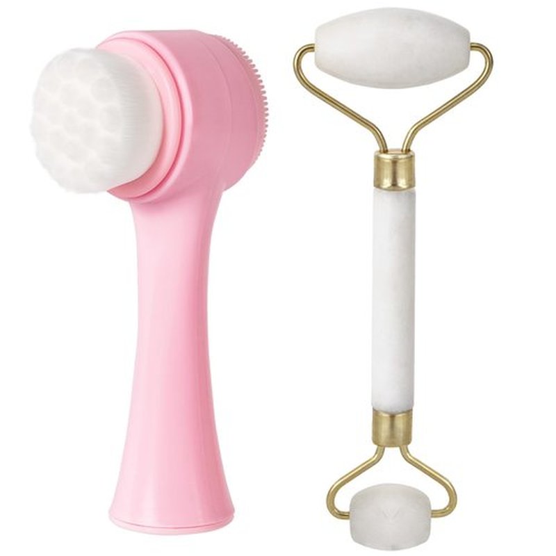 Beomeen Face Brush 2 in 1, Silicone Facial Cleansing Exfoliating Brush Soft Bristles Pore Deep Cleansing, Jade Face Roller Skin Care Tools, Manual Dual Face Wash Scrub Brush Massaging Gift,Pink+White