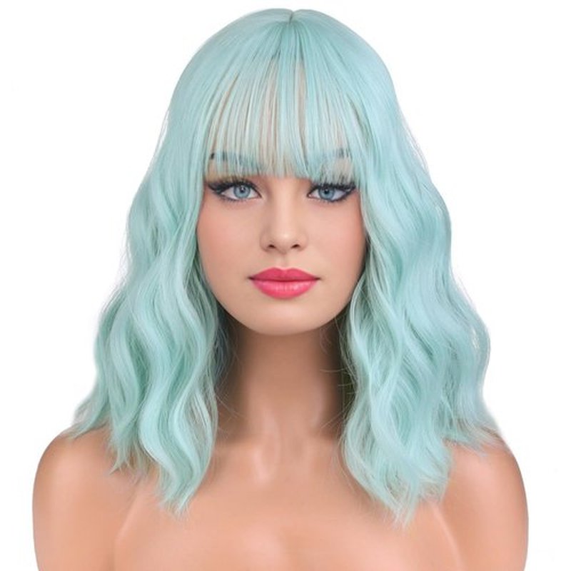 BERON 14 Inches Mint Green Wig Short Curly Wig with Bangs Green Wig Women Girl's Charming Wig Mint Green Wig Synthetic Wig with Wig Cap