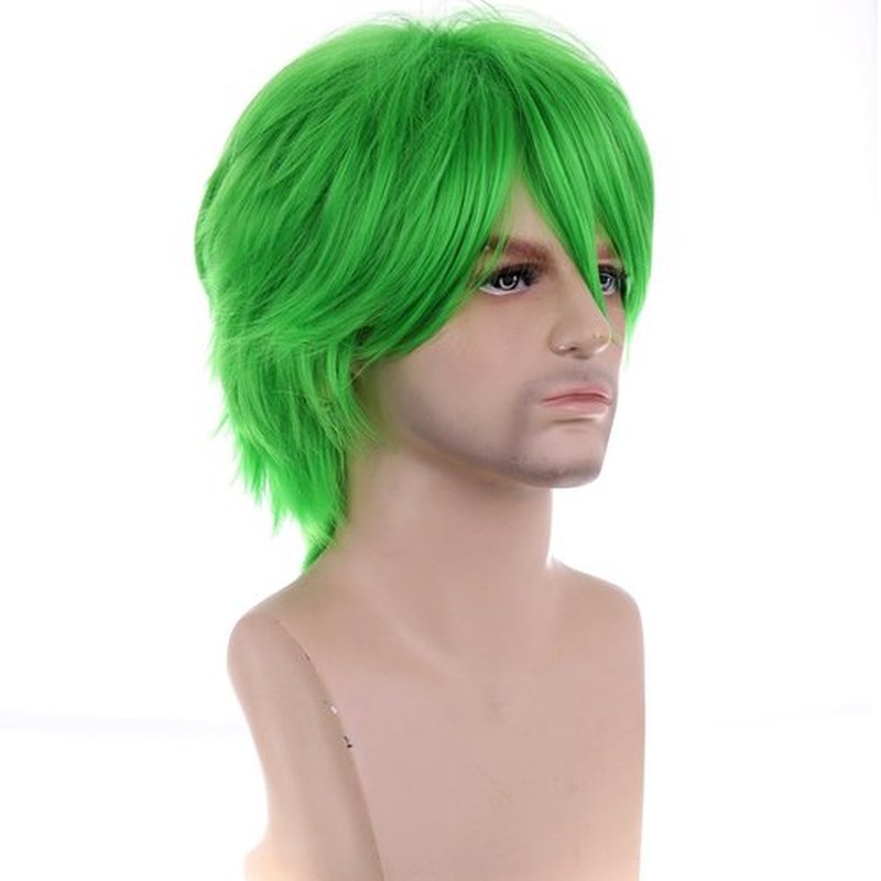 BERON 12" Men Womens Green Short Straight Girls Anime Cosplay Wig Rose Net with Wig Cap