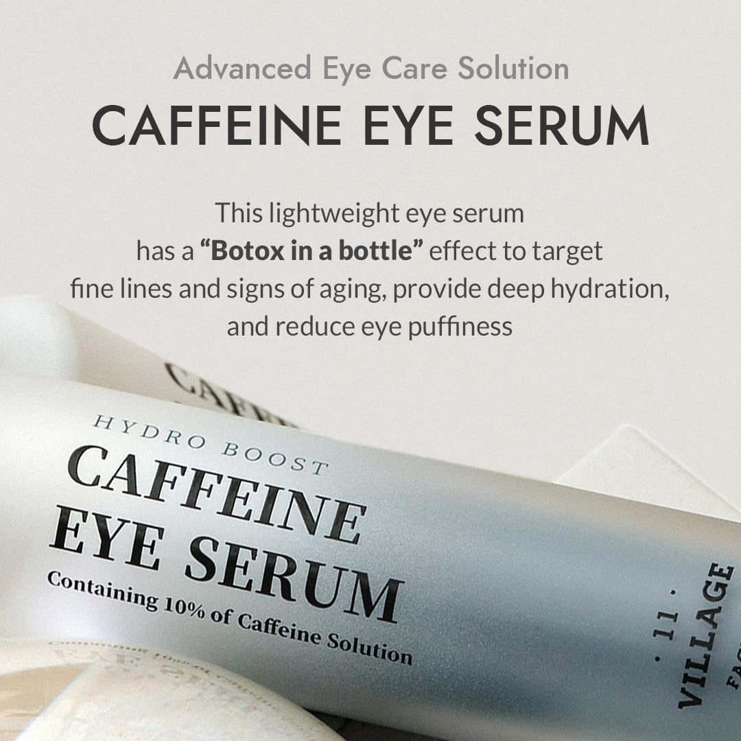 VILLAGE11FACTORY Hydro Boost Caffeine Eye Serum with 10% Caffeine Solution, Niacinamide, Hyaluronic Acid & Hexapeptide-8 for Depuffing, Elasticity, Dark Circle Treatment (0.33 fl.oz./10ml)
