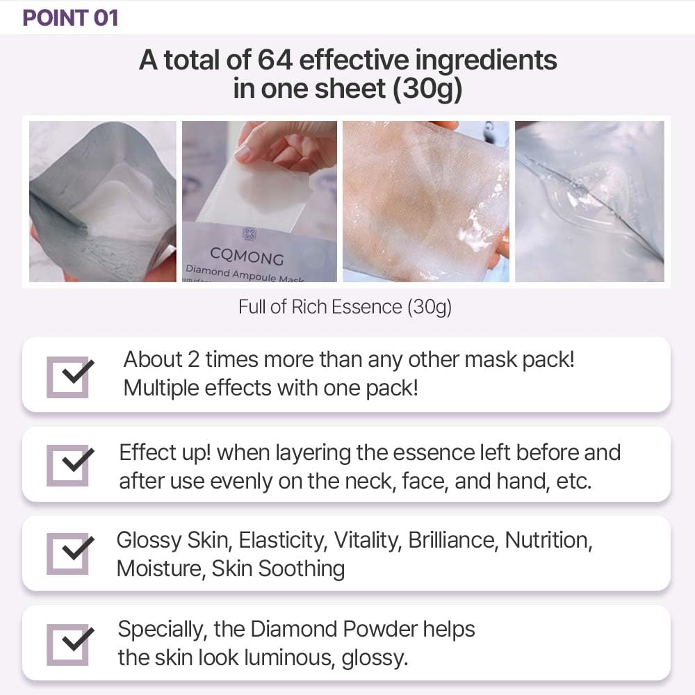 CQMONG Diamond Ampoule Sheet Mask (30g x 10pcs), Korean Face Facial Masks, Glossy & Elastic Skin, Hydrating, Soothing, Nourishing, Collagen & Hyaluronic Acid, Smooth Sheet