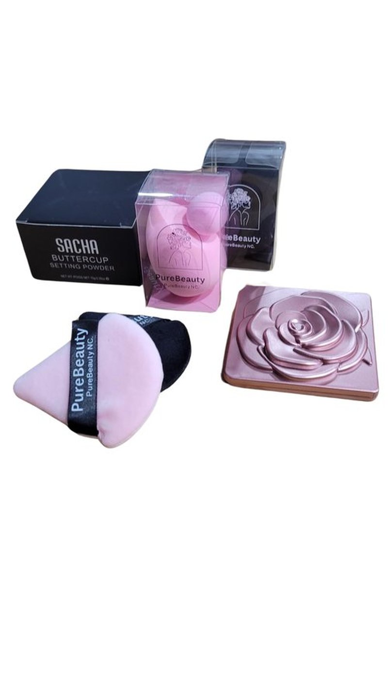Sacha Buttercup Powder, 0.35 oz, Travel Size, Two Blending Triangles and Sponges, Compact Mirror