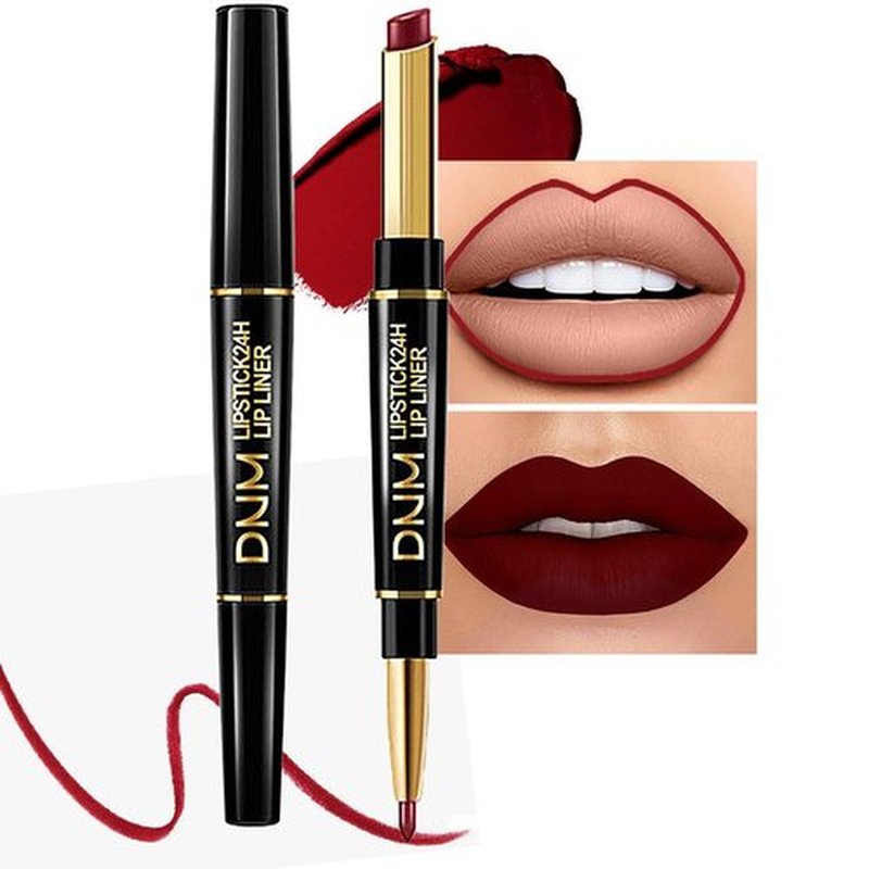 2 in 1 Dark Wine Red Matte Lip Liner & Lipstick Combination, DNM Metallic Dual Ended Lipstick, Lip Liner, Lip Gloss, 24 Hour all Day Long-Lasting Waterproof Lipliners Pen for Women Lip Makeup Gift 09#