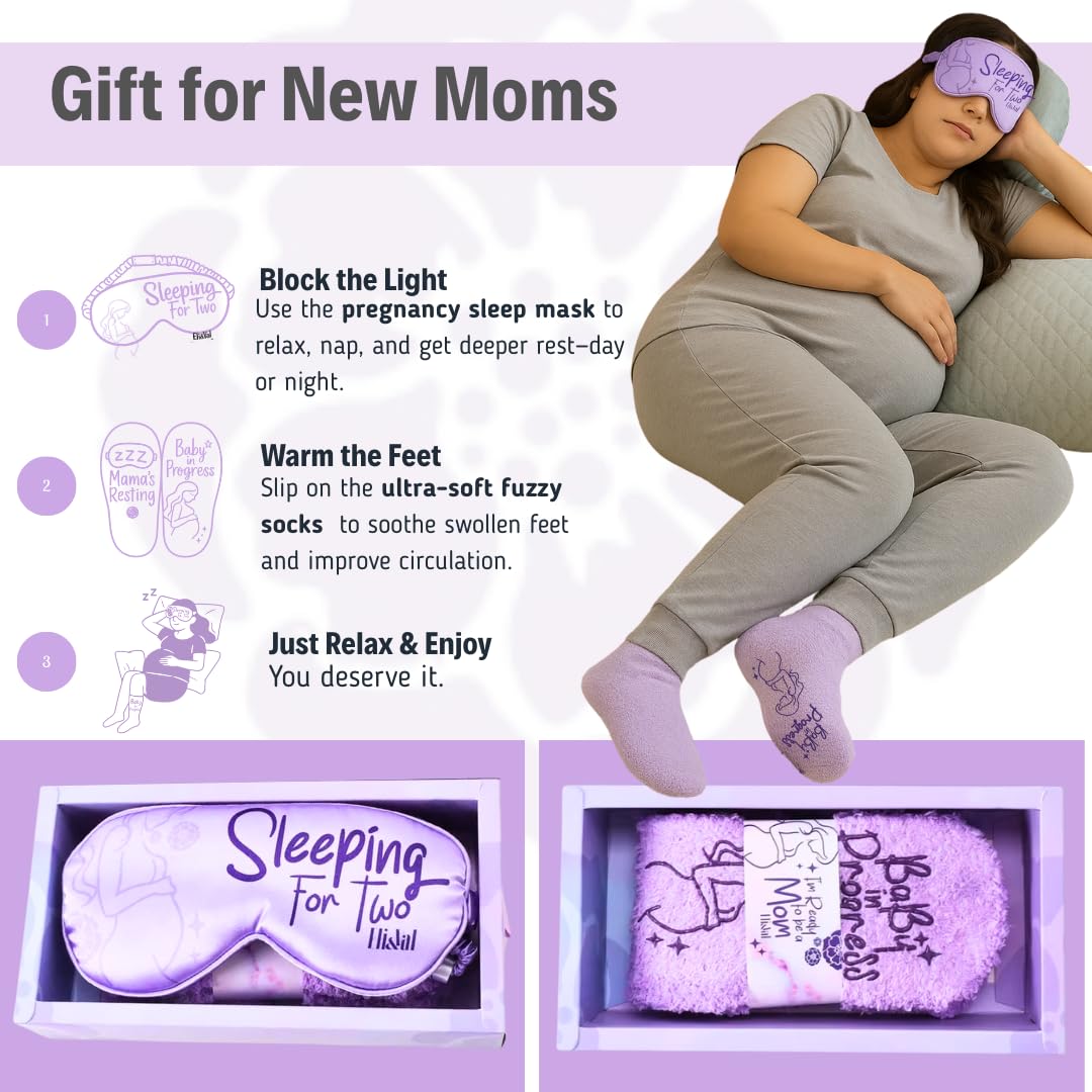 Eli & Val Mommy to Be Pregnancy Care Package – Soft Cotton Blend Maternity Sleep Mask with Elastic Closure and Fuzzy Socks Set, Purple